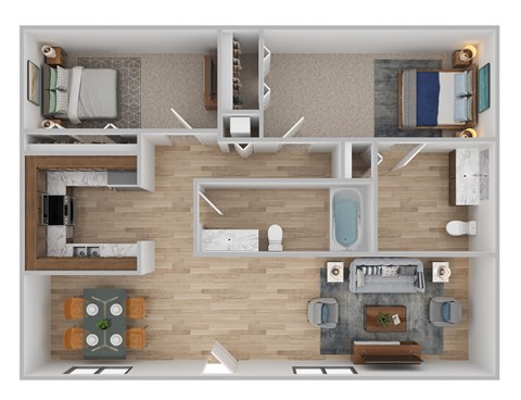 A top-down view of a modern apartment layout with a kitchen, living room, and bathroom.